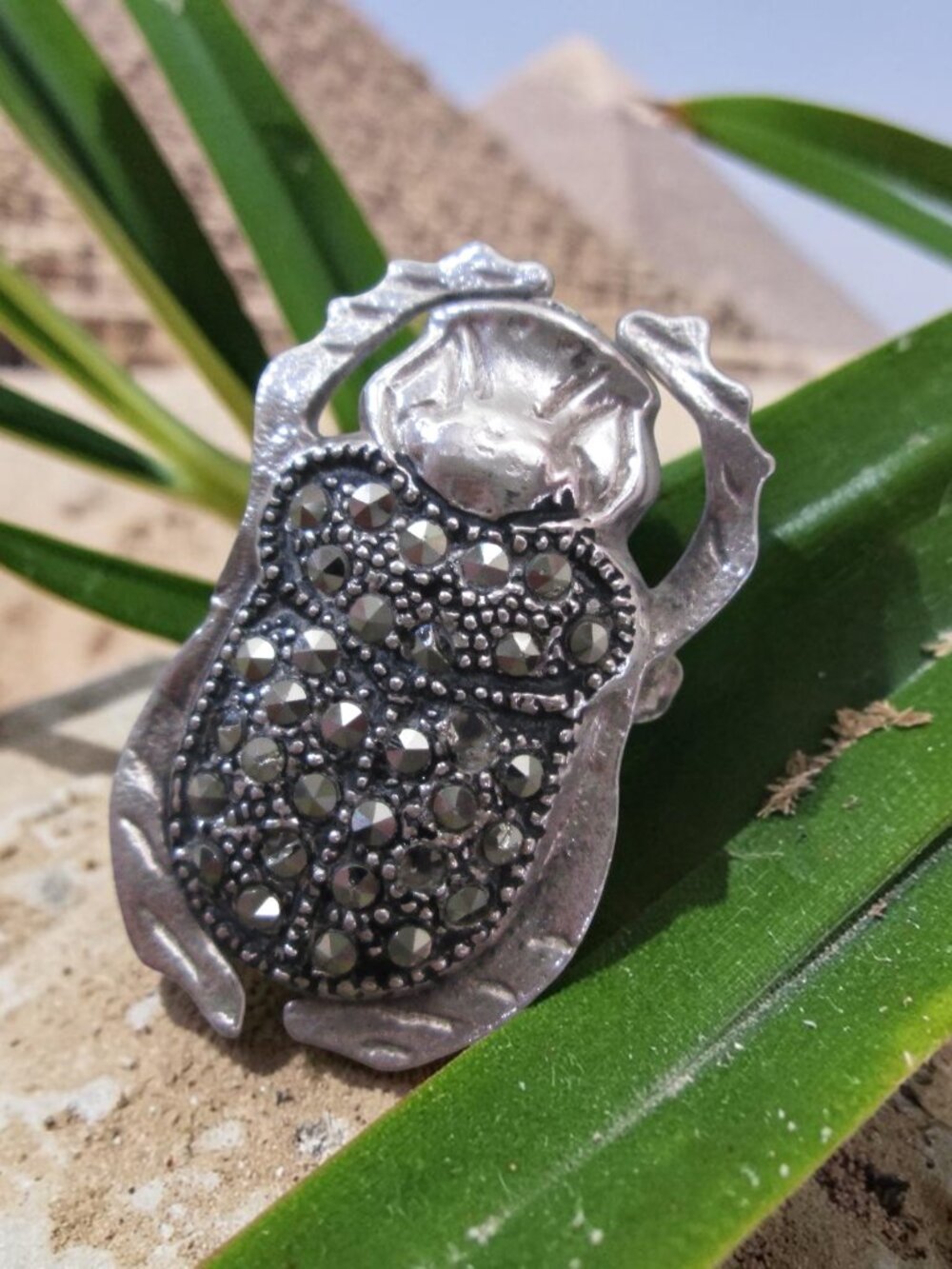 Sterling Silver Scarab Brooch, Marcasite Carapace Beetle